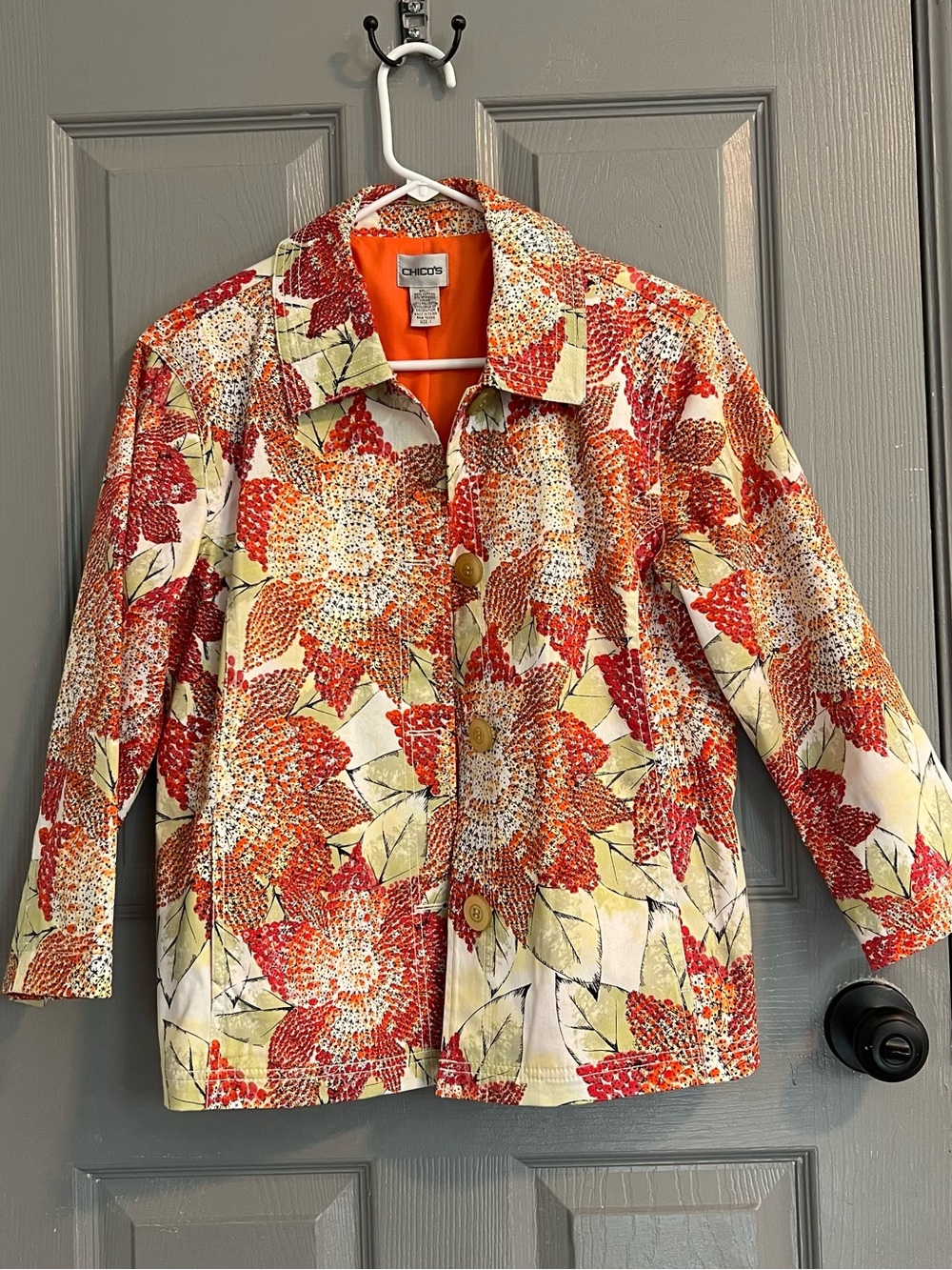 Chico's Orange Floral Cotton Jacket Sequin Buttons Size 1